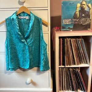 Vintage 90’s Collared Preppy Silky Teal Sleeveless Cropped Top Shirt Large Swing